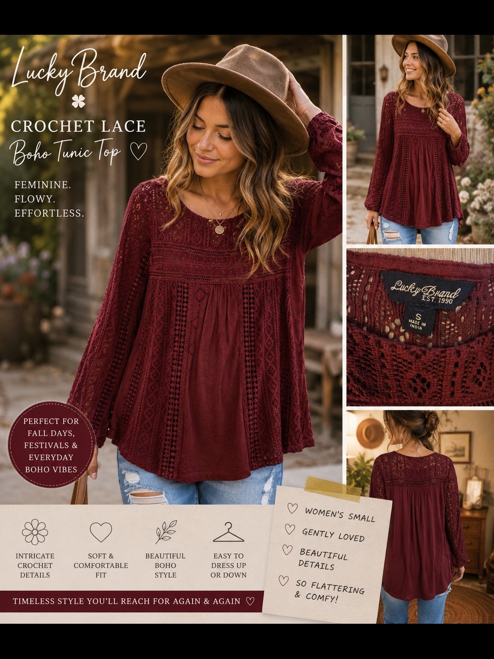 Lucky Brand Burgundy Crochet Lace Boho Tunic Top Women’s Small